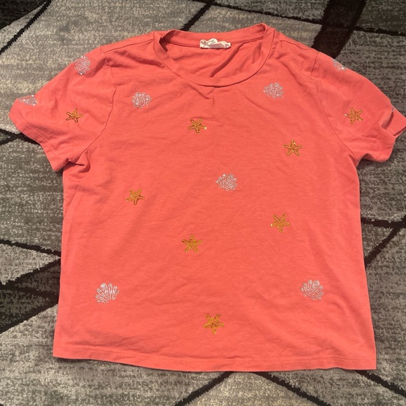 Marled Tops - Marled Coral Women’s Tee with Rhinestone Detailing of Starfish and Shells